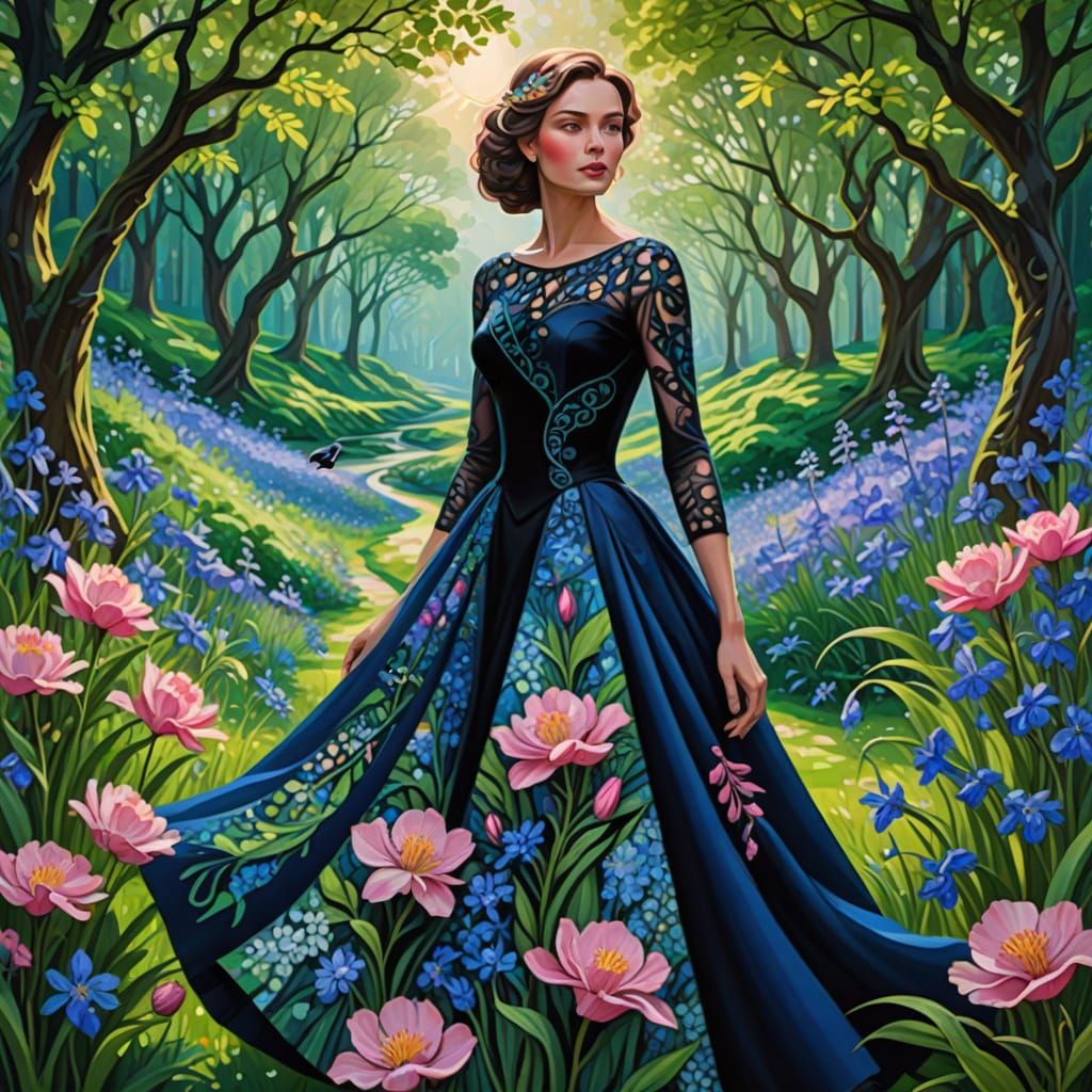 Luxurious Cubist Masterpiece: Vibrant Bluebell Flowers and a...