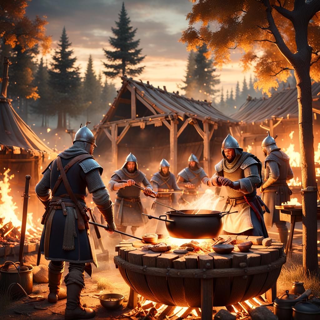 Medieval Camp: Soldiers Cooking Food, 3D Rendering
