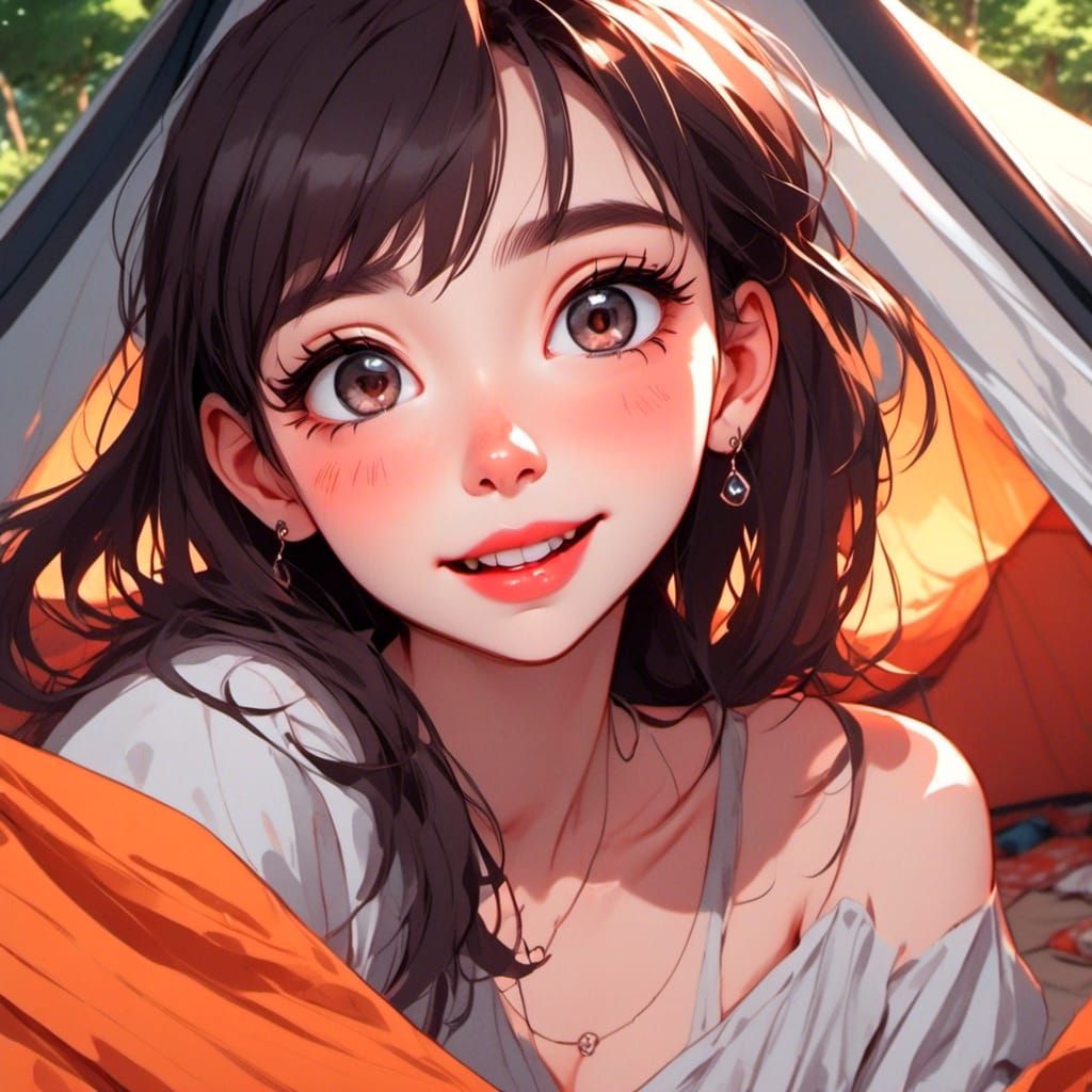 Girlfriend Smiling in Tent: Fisheye Lens, Anime Style