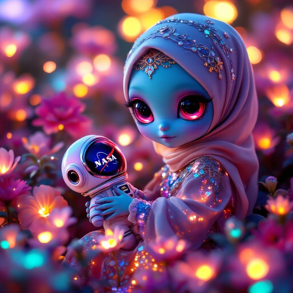 Vibrant Chibi Alien Girl in Dreamlike Extraterrestrial Garde...