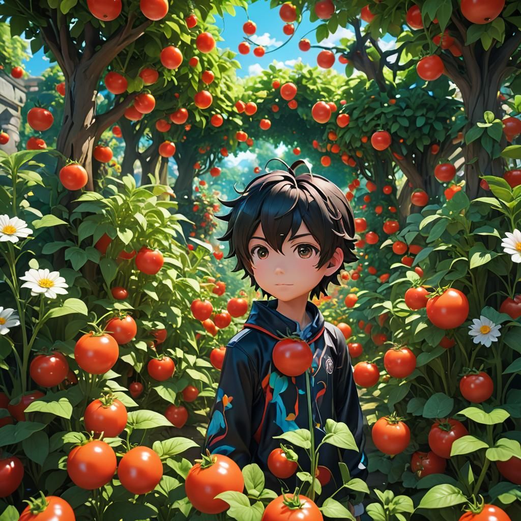 Tomato-Head in Anime Garden, 3D Render