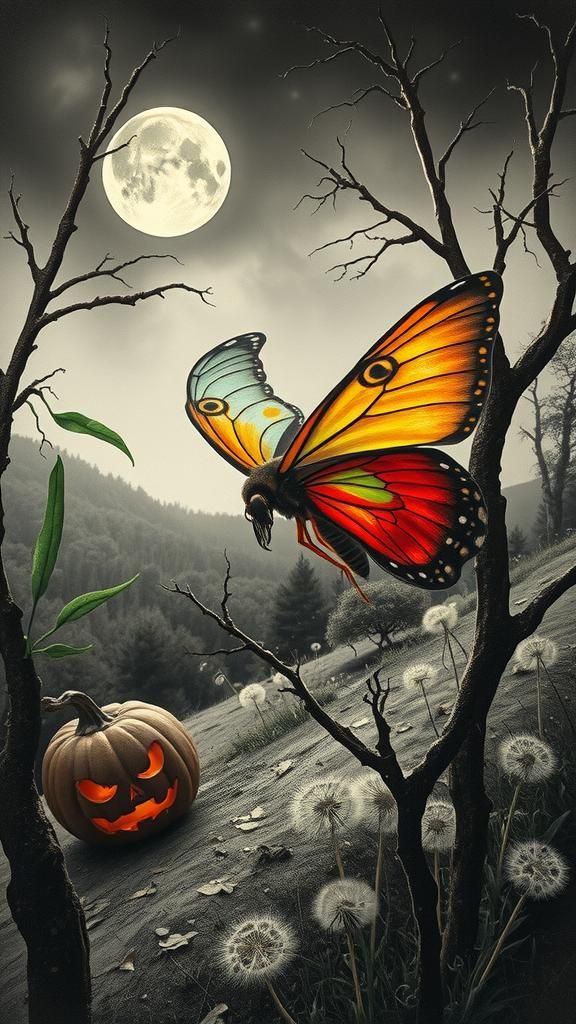 Surreal Halloween Scene with Sugar Skull Moth