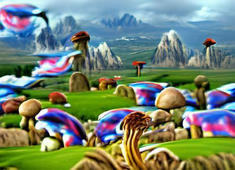 Fantasy Landscape with Colorful Mushrooms and Mountains