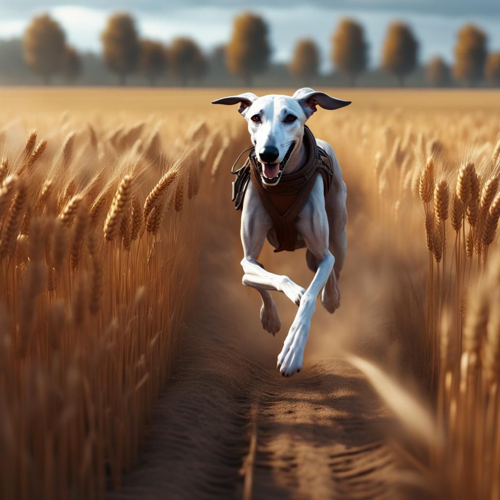 Greyhound Runs Through Autumn Wheat Fields