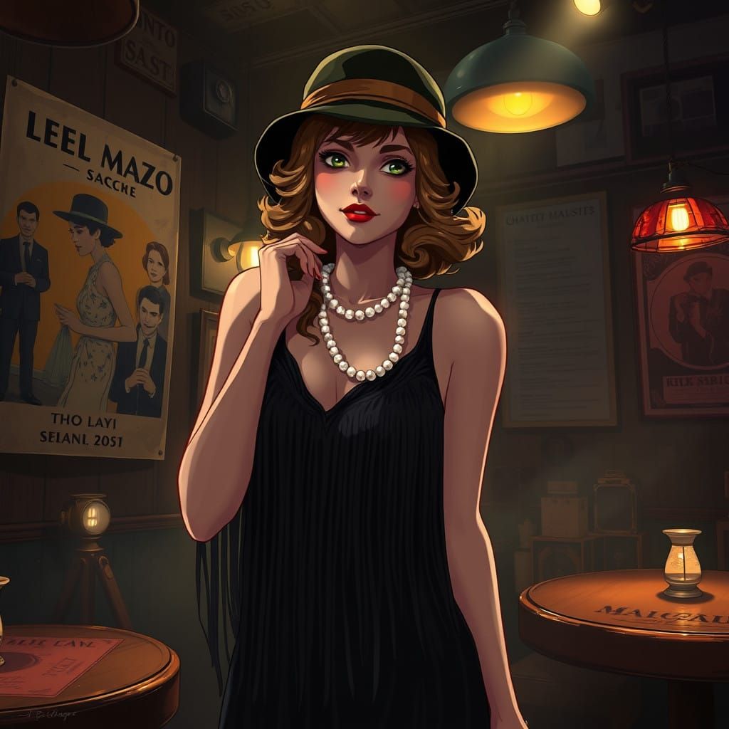 Flapper Girl in Vintage Jazz Club, Anime Style