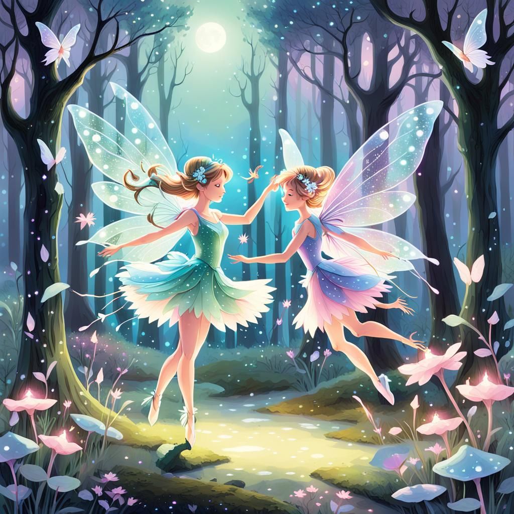 Fairy Dance in Moonlit Forest: Pre-Raphaelite Art Nouveau