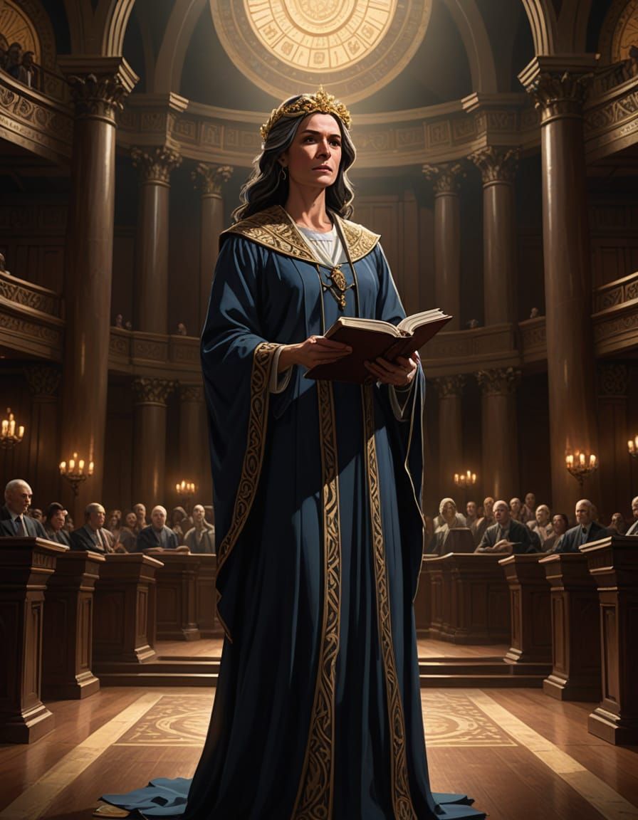 Divine Attorney in Ornate Courtroom with Halo