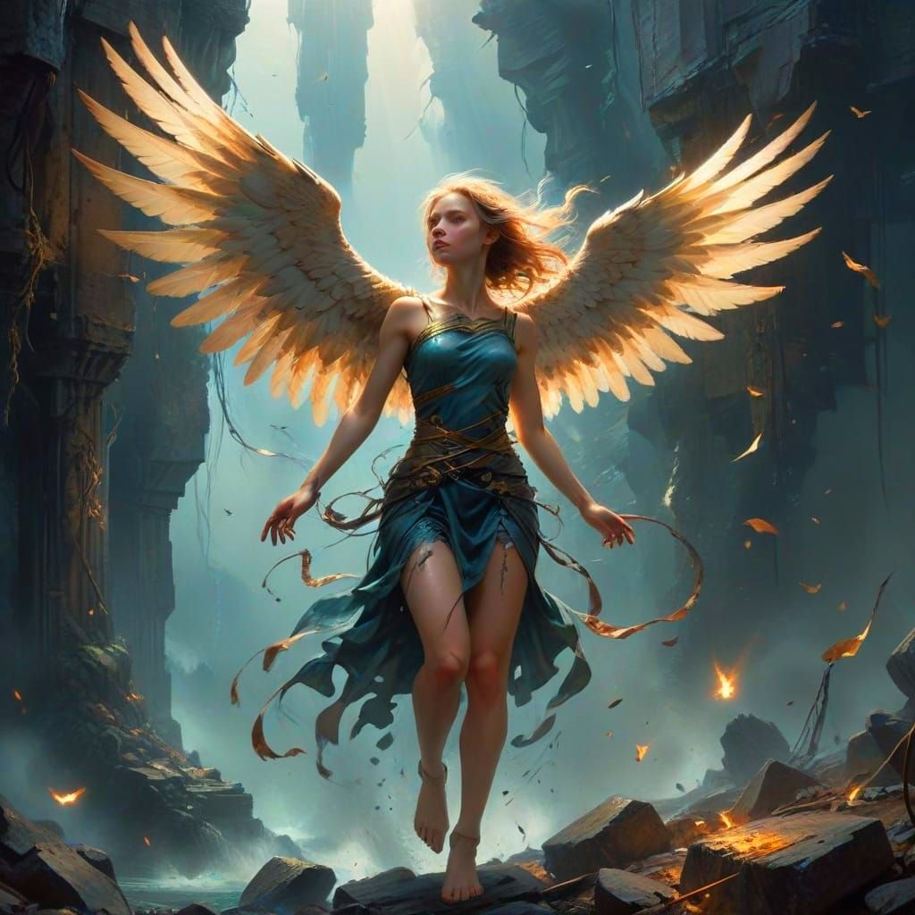 Surreal Abyss with Fallen Wings in a World of Crushing Gravi...