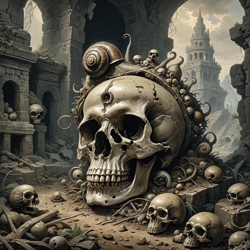 Snail on Skull in Mayan Ruins: Horror Illustration