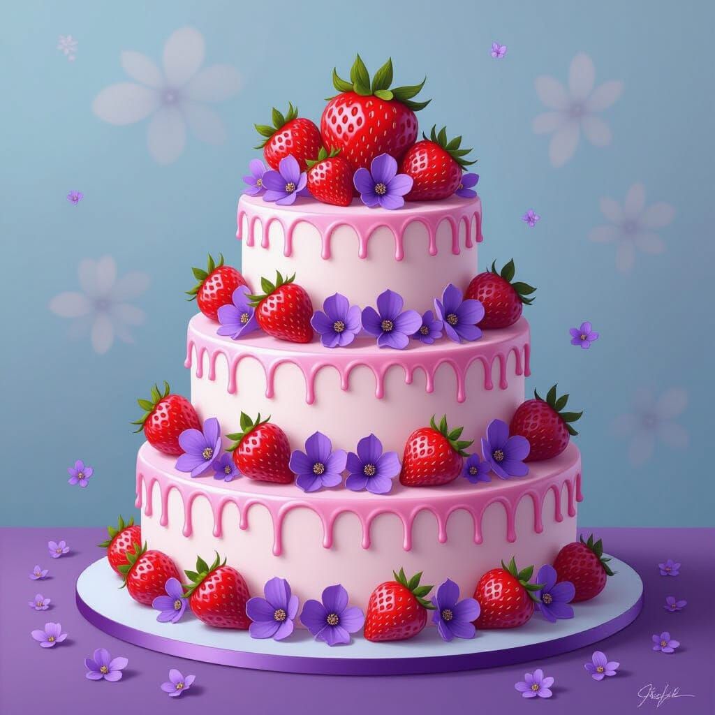 Whimsical Strawberry Cake with Purple Flowers in Acrylic Sty...