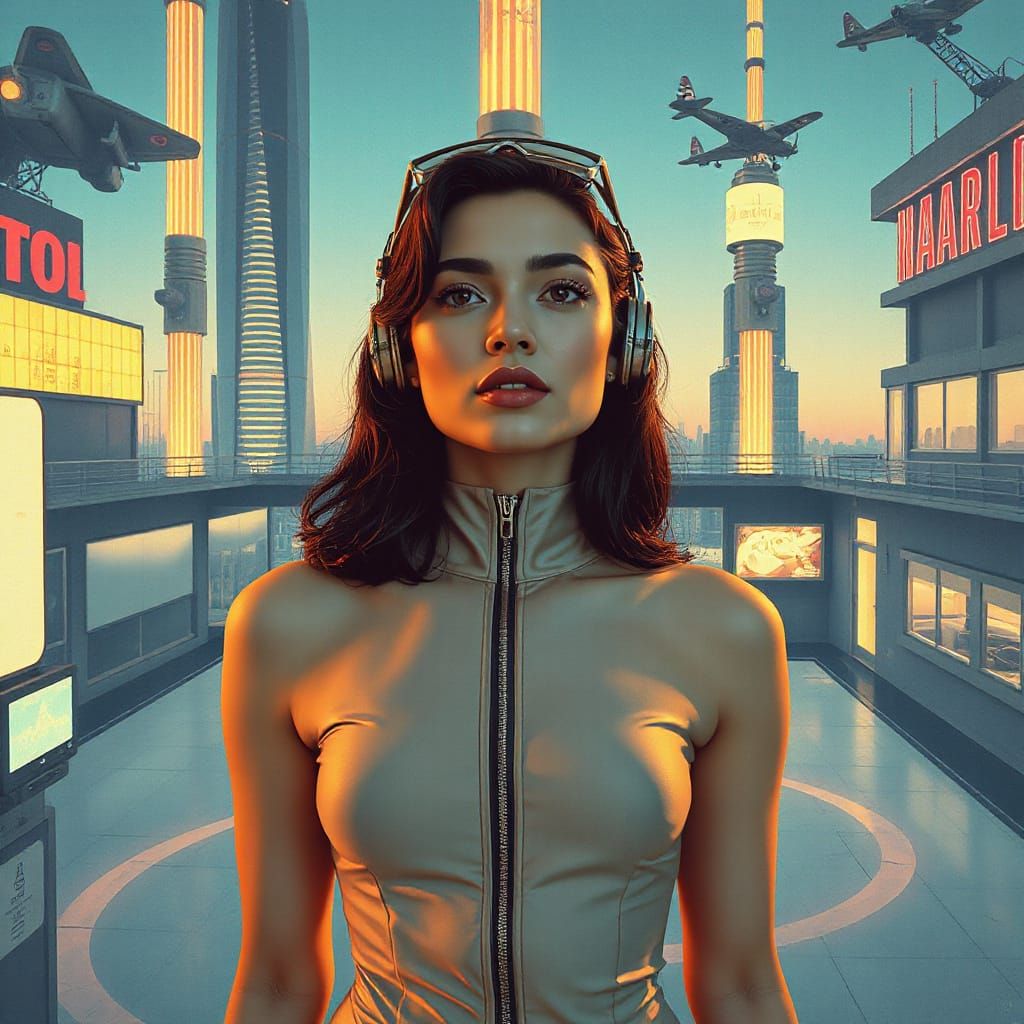 Retro-Futuristic Woman in a Neon Cityscape