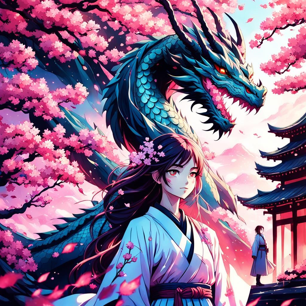 Dragon and Girl in Cherry Blossom Garden: Manga Style