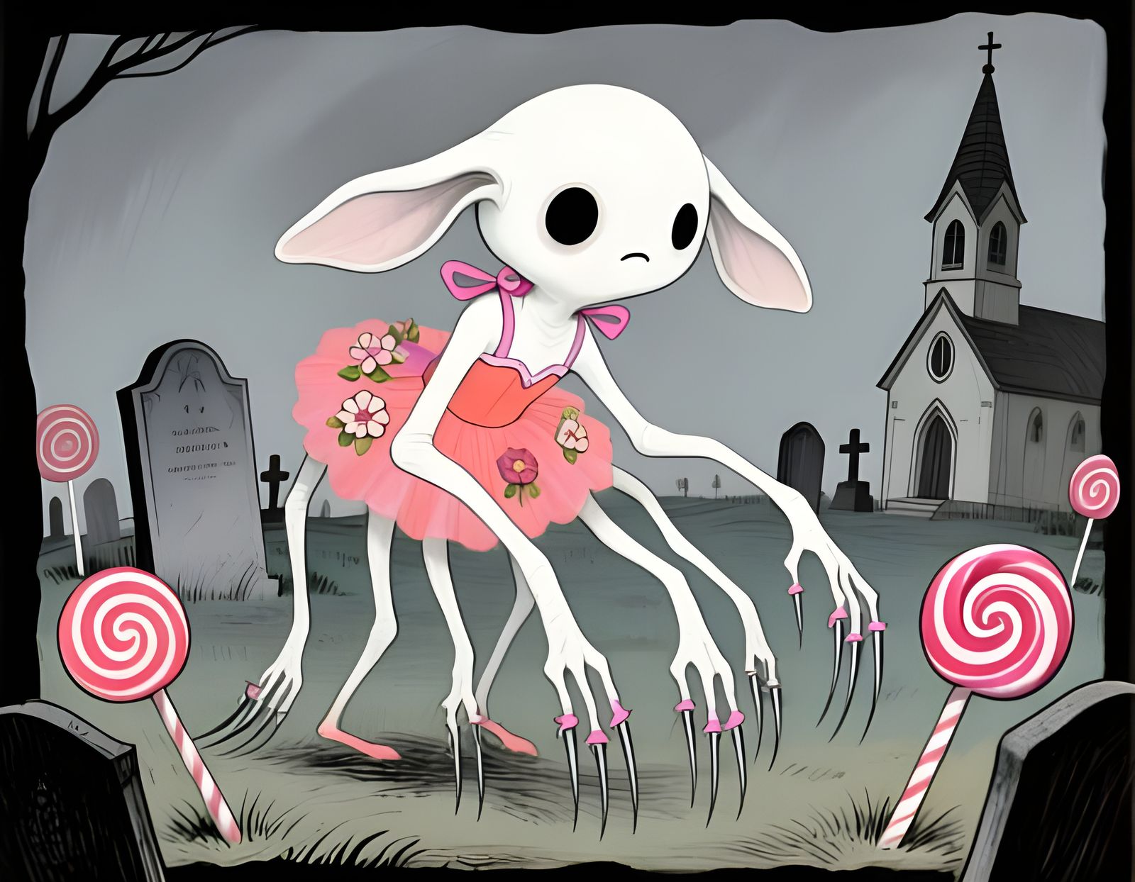 Cute Creepy Cryptid Foraging in a Fantasy Cemetery