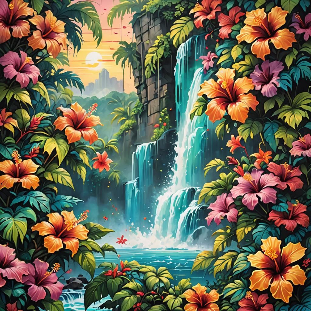 Tropical Waterfall Street Art with Hibiscus Flowers