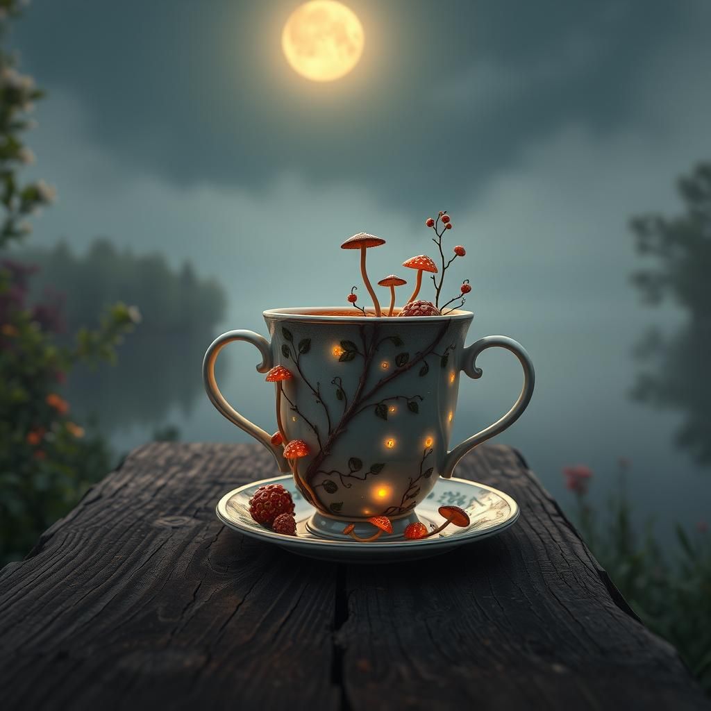 Misty Lake Coffee Cup with Glowing Mushrooms