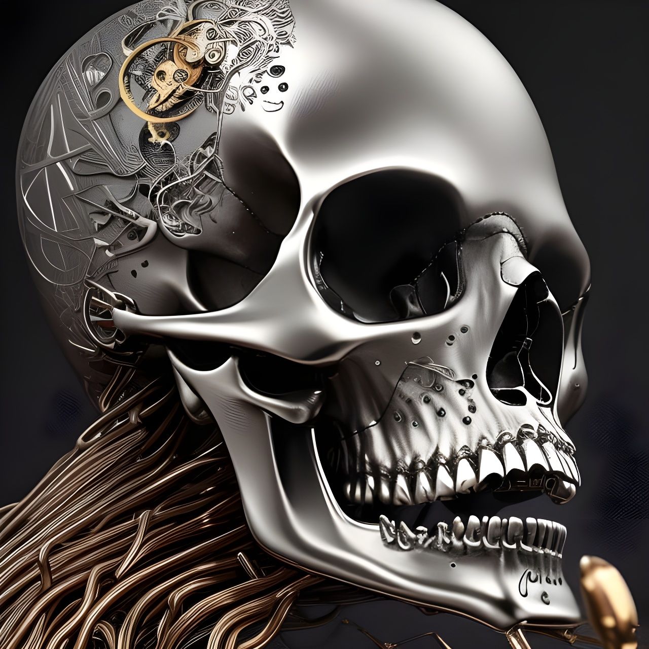 Mechanical Skull Portrait in Metallic Silver, Hyperreal Deta...