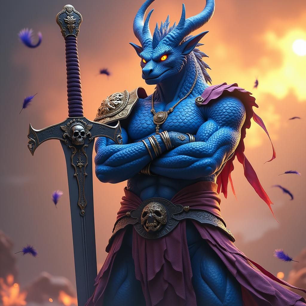 Blue Dragon Warrior in Anime Style with Katana
