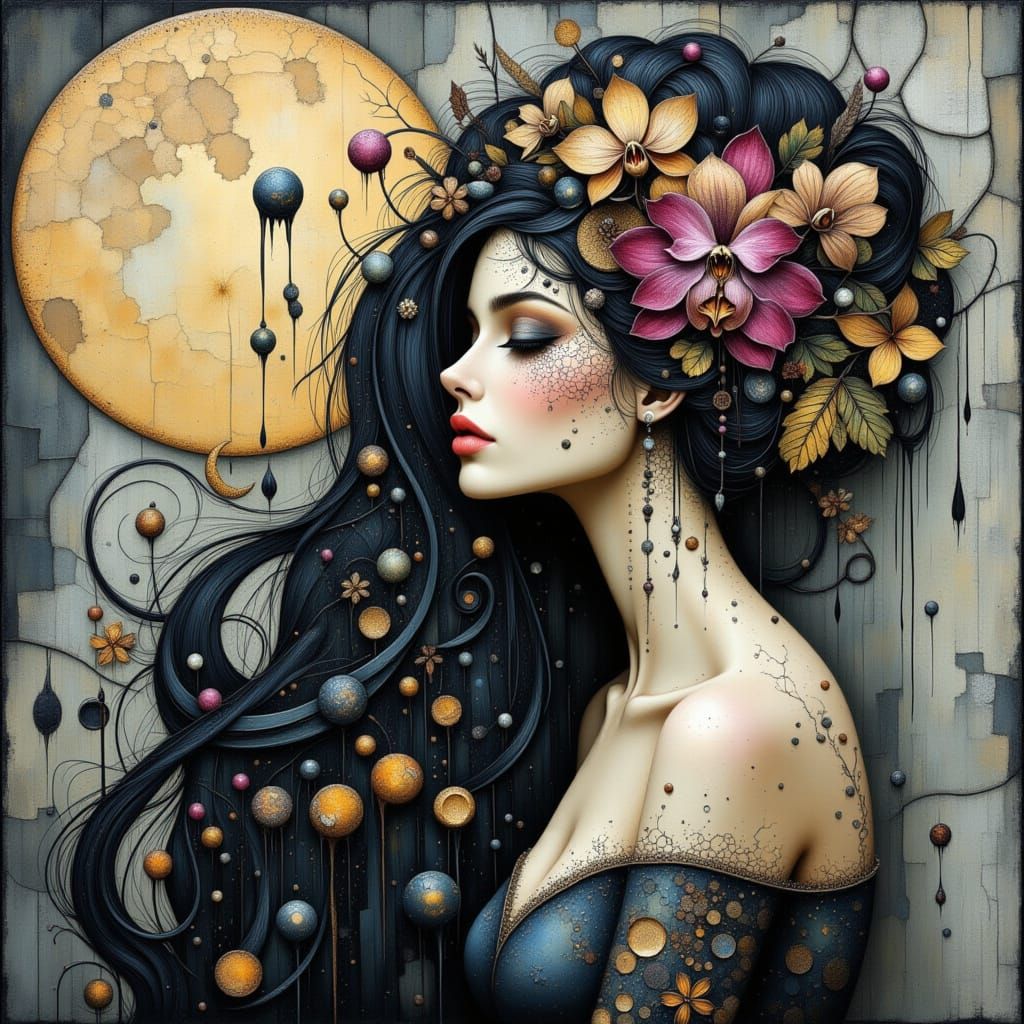 Art Nouveau Siren with Floral Hair and Moon