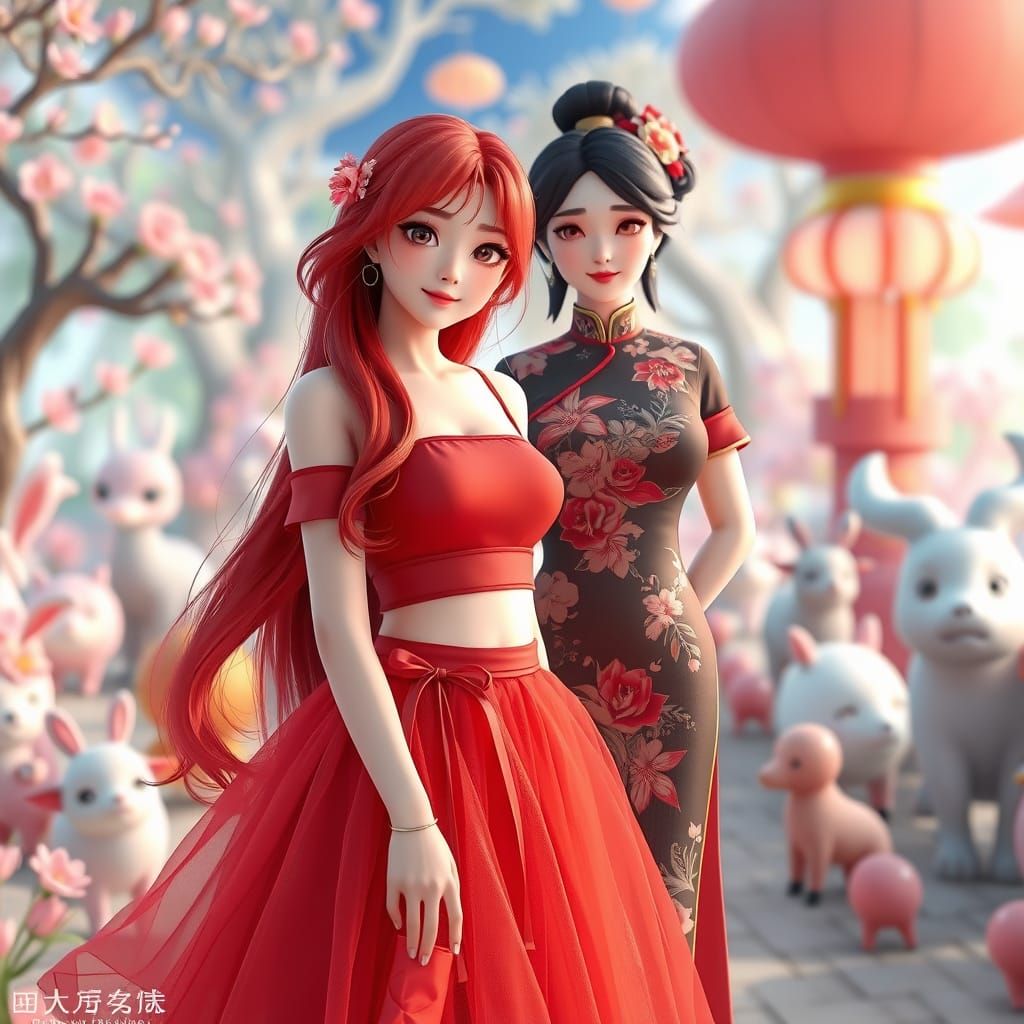 Pastel Zoo Scene with Anime Style Asian Women