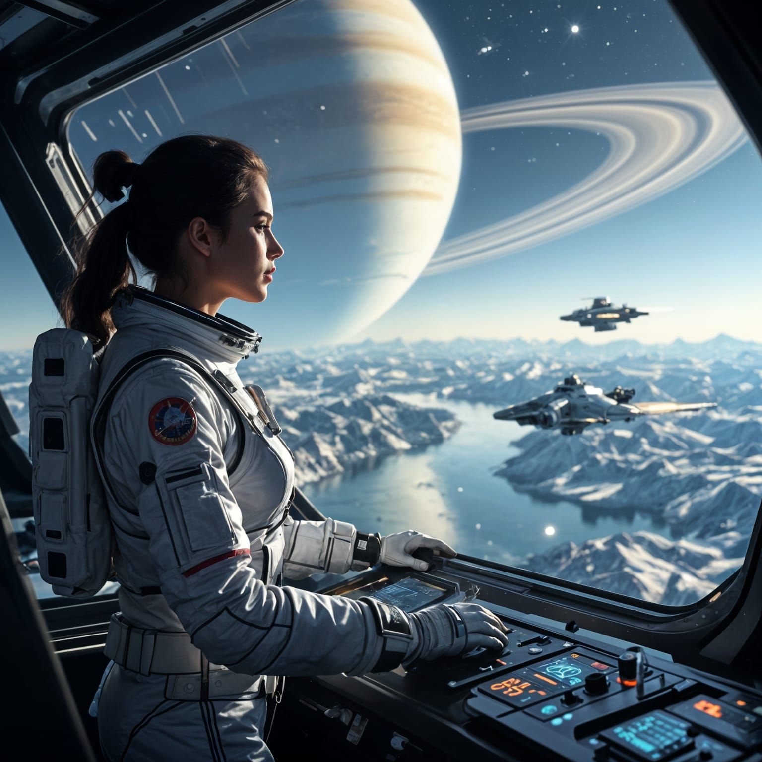 Female Astronaut at Saturn Orbit Controls, Hyperrealistic Sc...