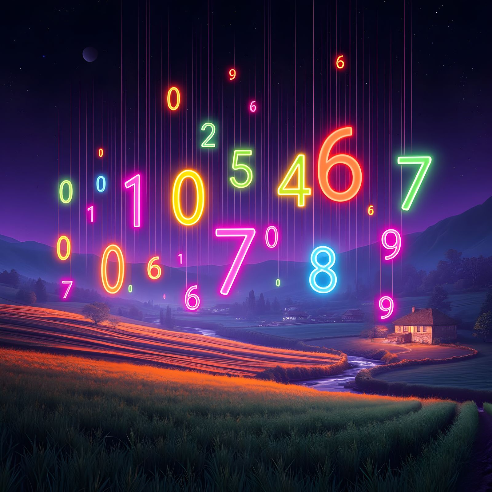 Colorful Numbers Rain Down Peaceful Field in Synthwave Style