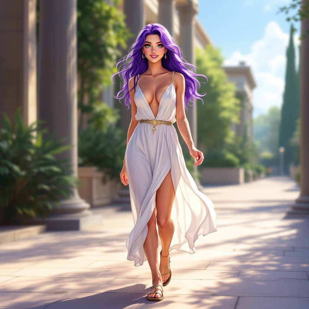 Anime Athena Walking Gracefully in Sunlit Sanctuary
