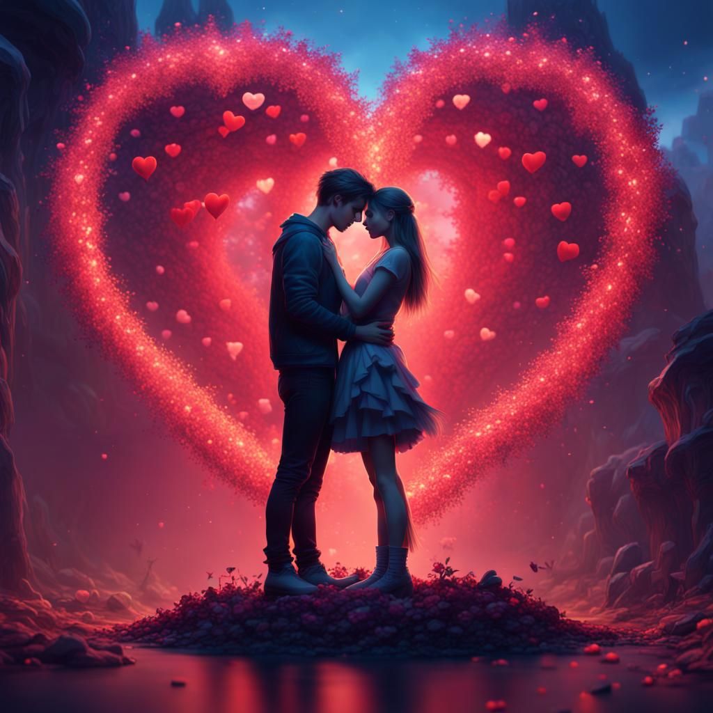 Romantic Couple Surrounded by Hearts: Fantasy Art