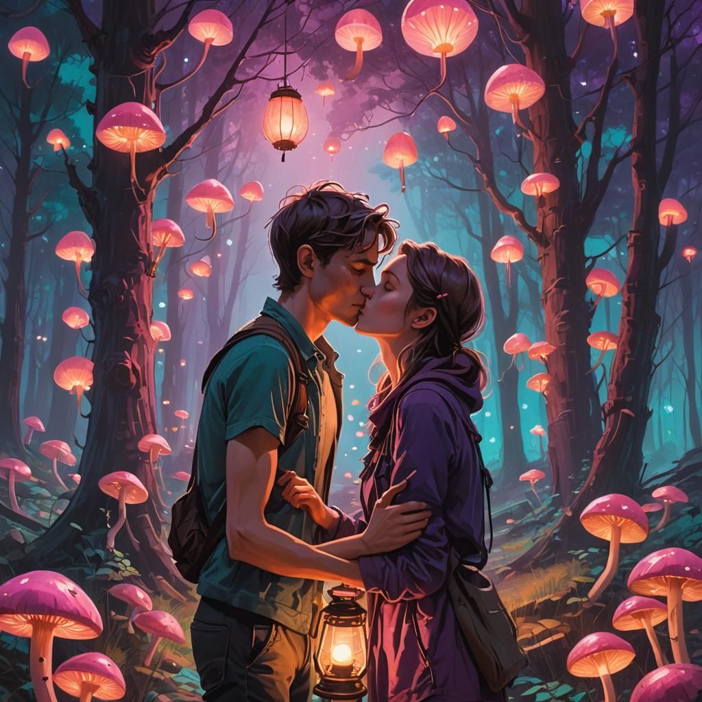 Kiss in Mystical Forest, Digital Art