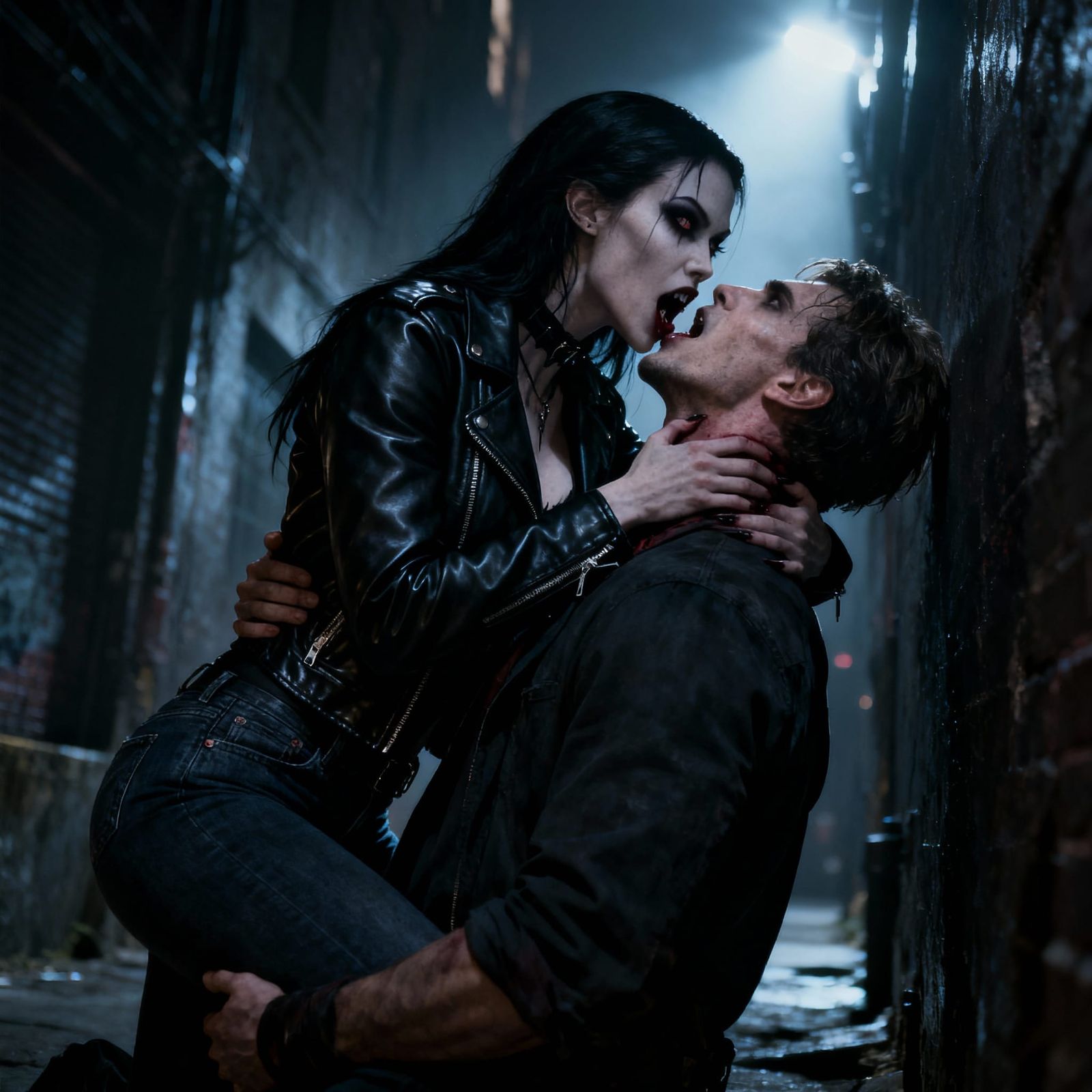 Vampire Woman Biting Neck in Urban Alley