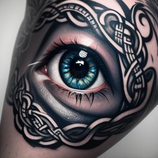 Stunning Celtic lovely eye iris closeup. it is entirely covered with traditional Celtic tattoos. Beautiful bokeh and Chi...