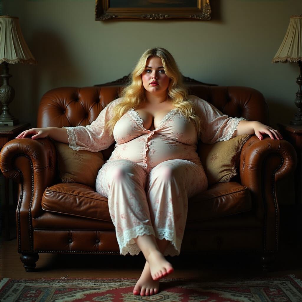 Plus-Size Woman in Lacy Pajamas on Vintage Sofa