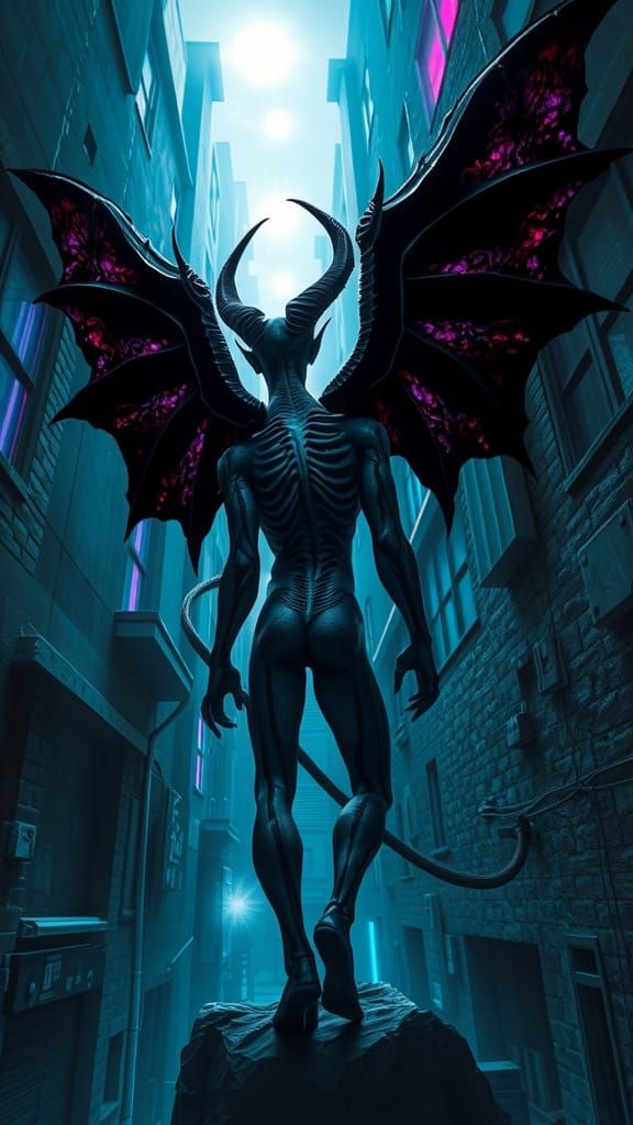 Gothic Cubist Demon in Geometric Cityscape