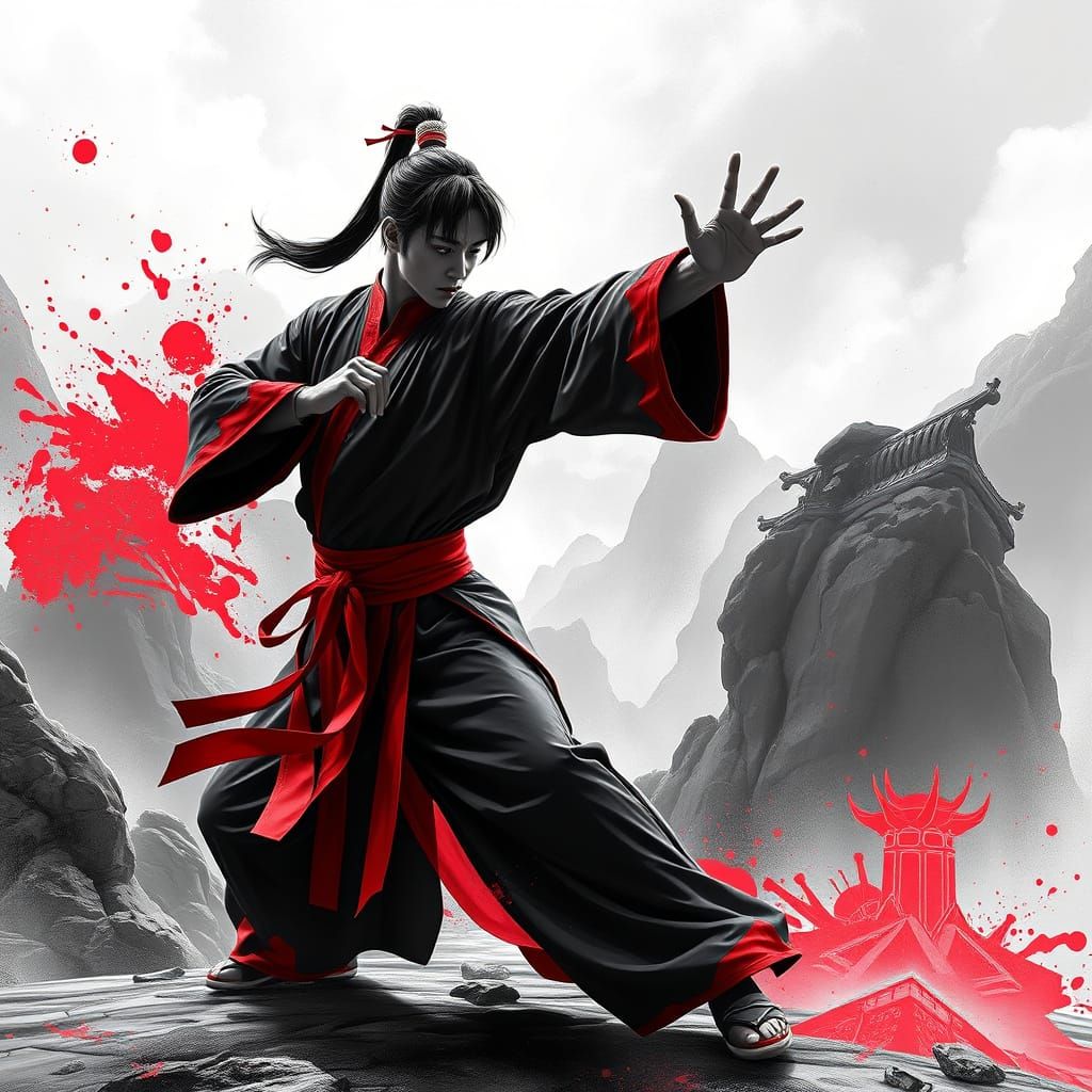 Kung Fu Warrior in High-Contrast Fantasy Landscape