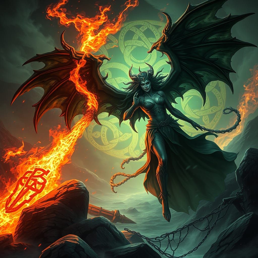 Morrigan in Dynamic Scene with Celtic Runes