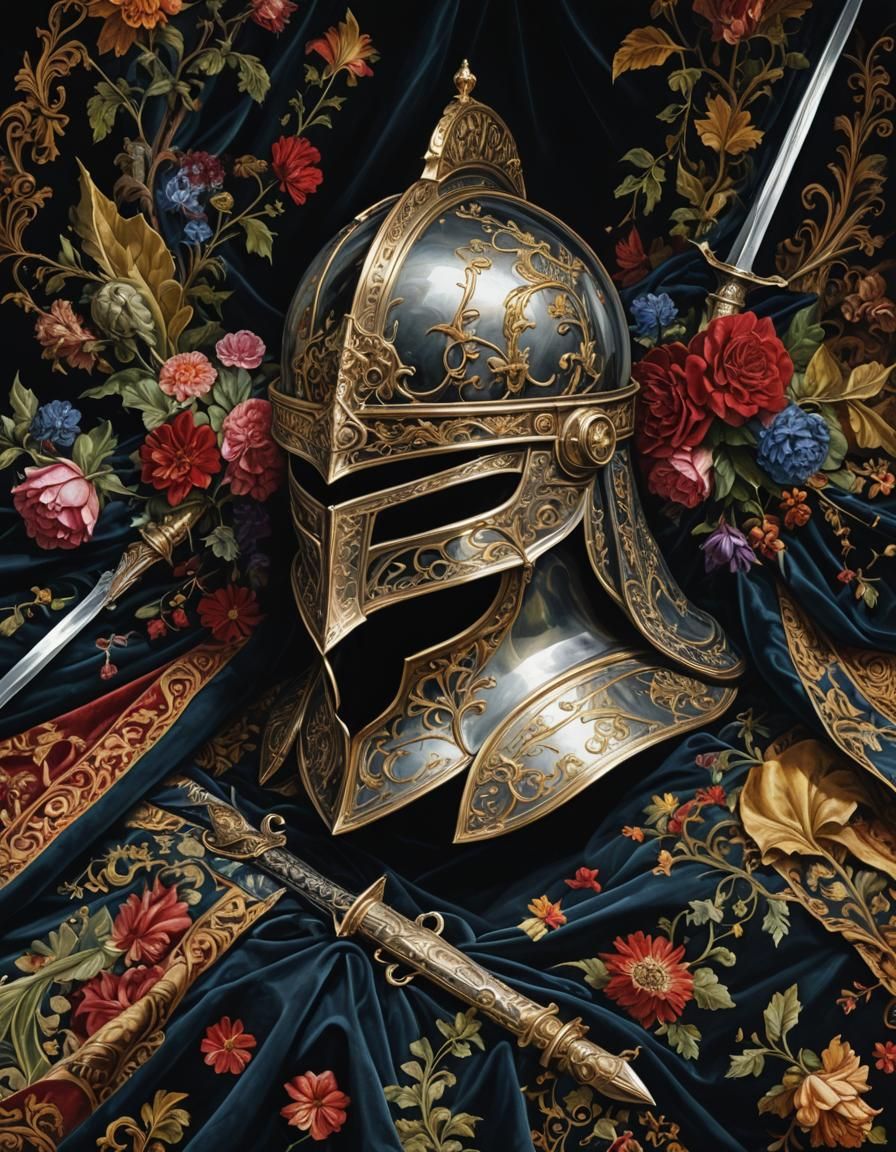 Epic Still Life with Knight Helmet: Fantasy Art