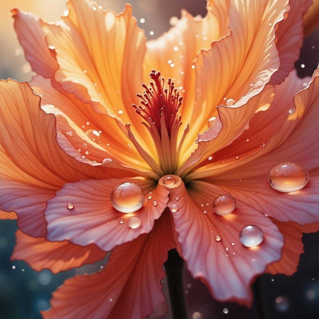 Whimsical Dewdrop on a Delicate Flower Petal in Hyper-Realis...