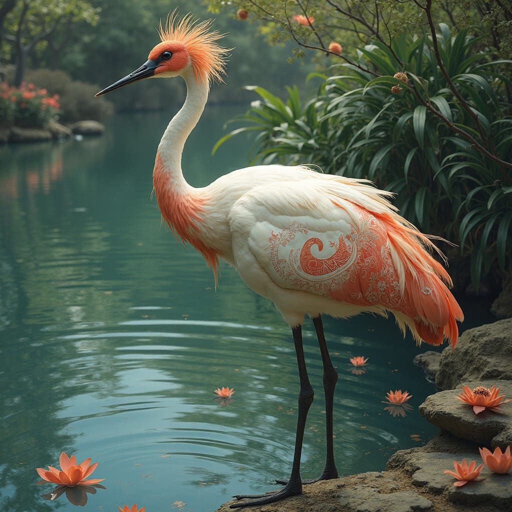 Elegant Crane with Art Nouveau Patterns
