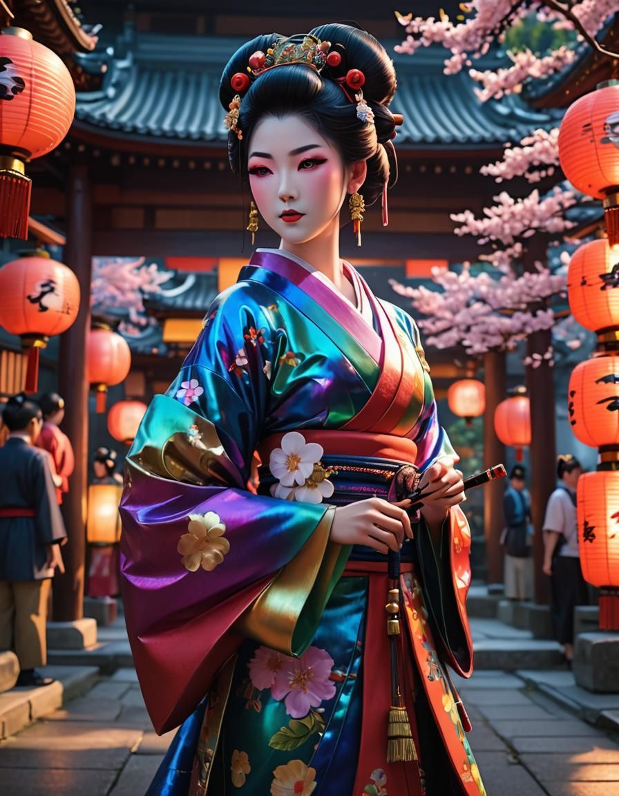 Rainbow Geisha in Temple: 3D Anime Art