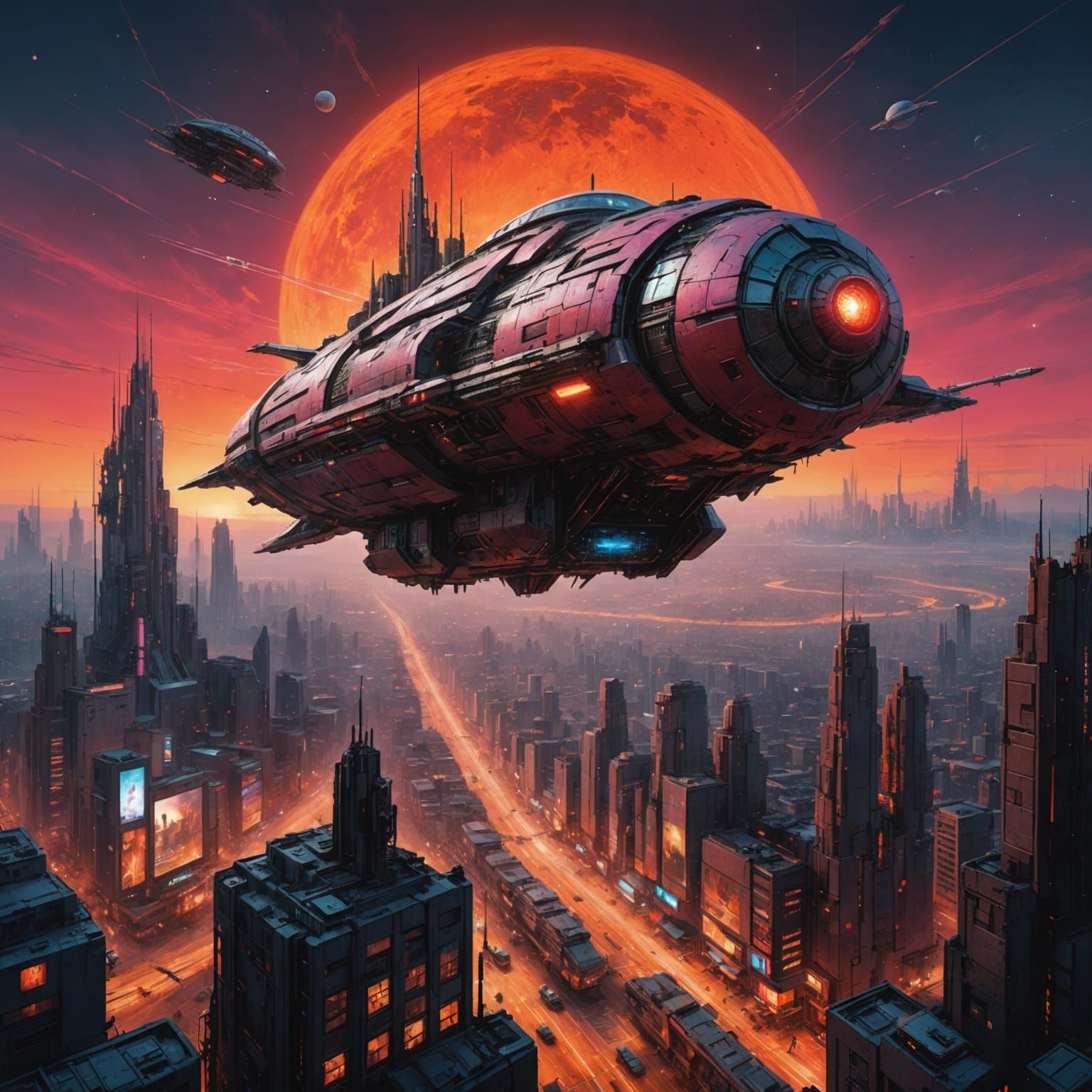 Cyberpunk Spaceship Sunset on Distant Planet