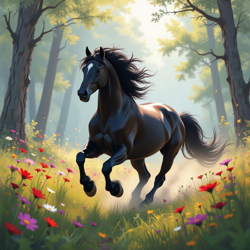 Black Horse Gallops Through Mystical Forest in Dynamic Style