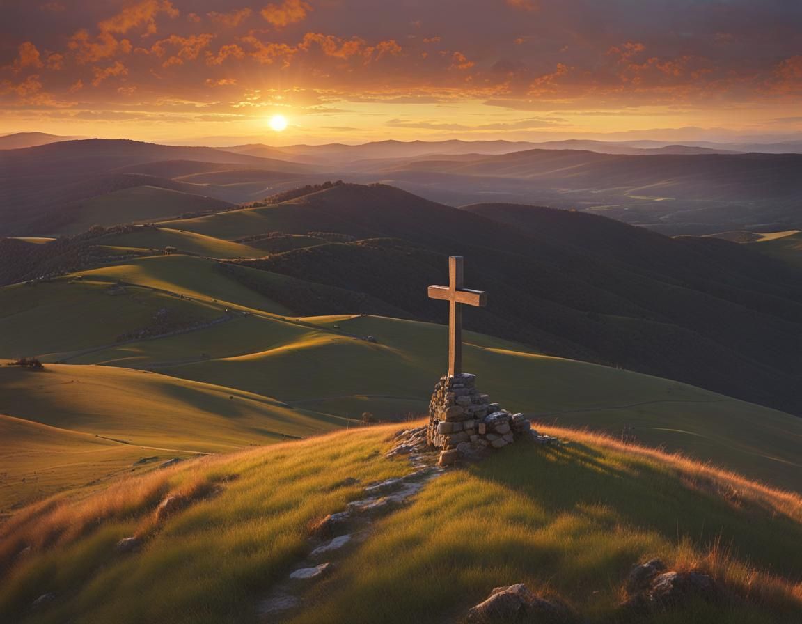 Ancient Cross on Windswept Hill in Golden Light