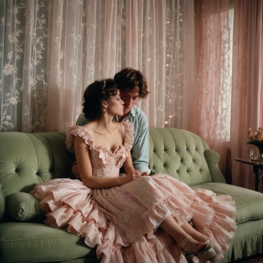 Boy in Lace Dress Kissing on Sofa: Cinematic Style