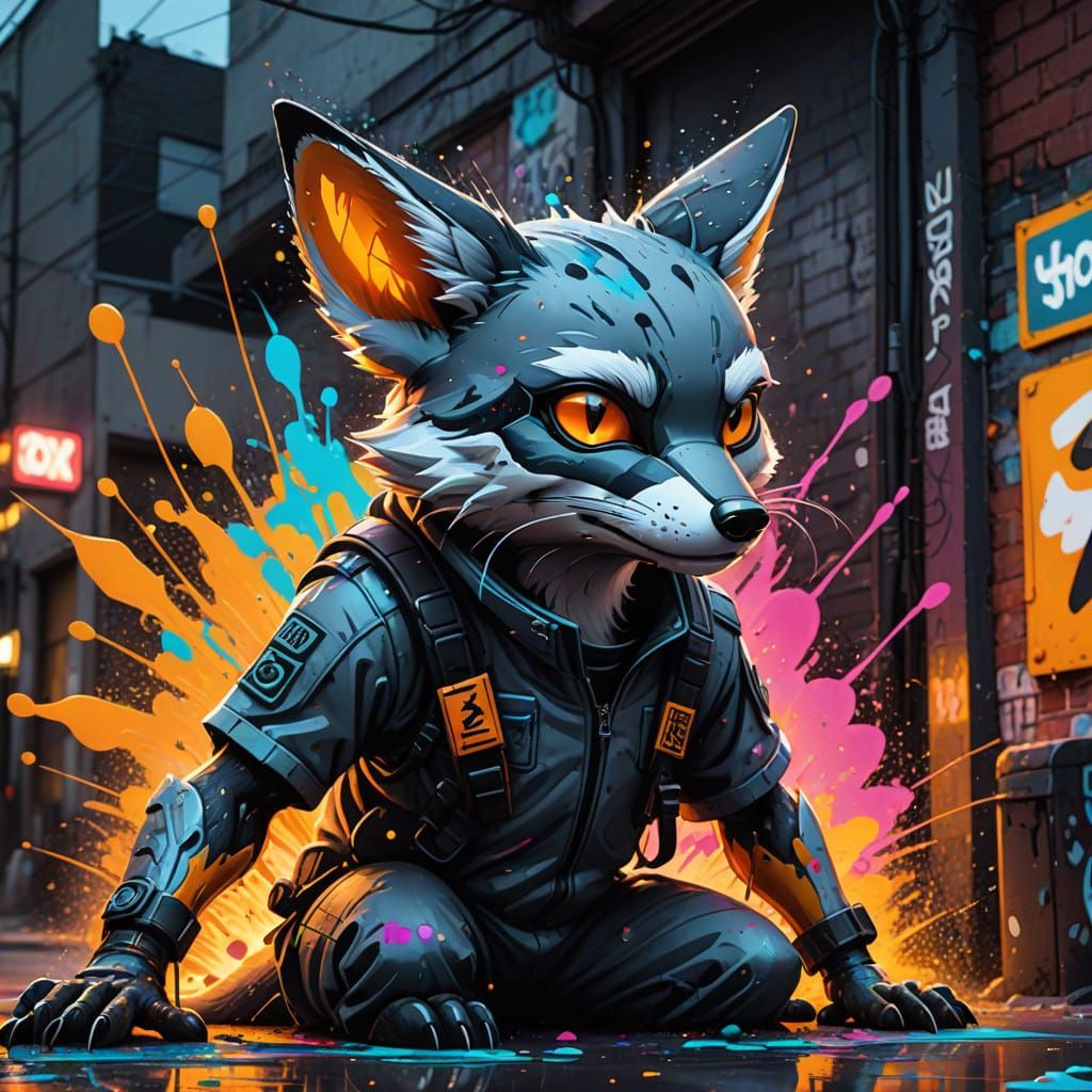 Grey Fox Graffiti Art in Vibrant Gouache Style