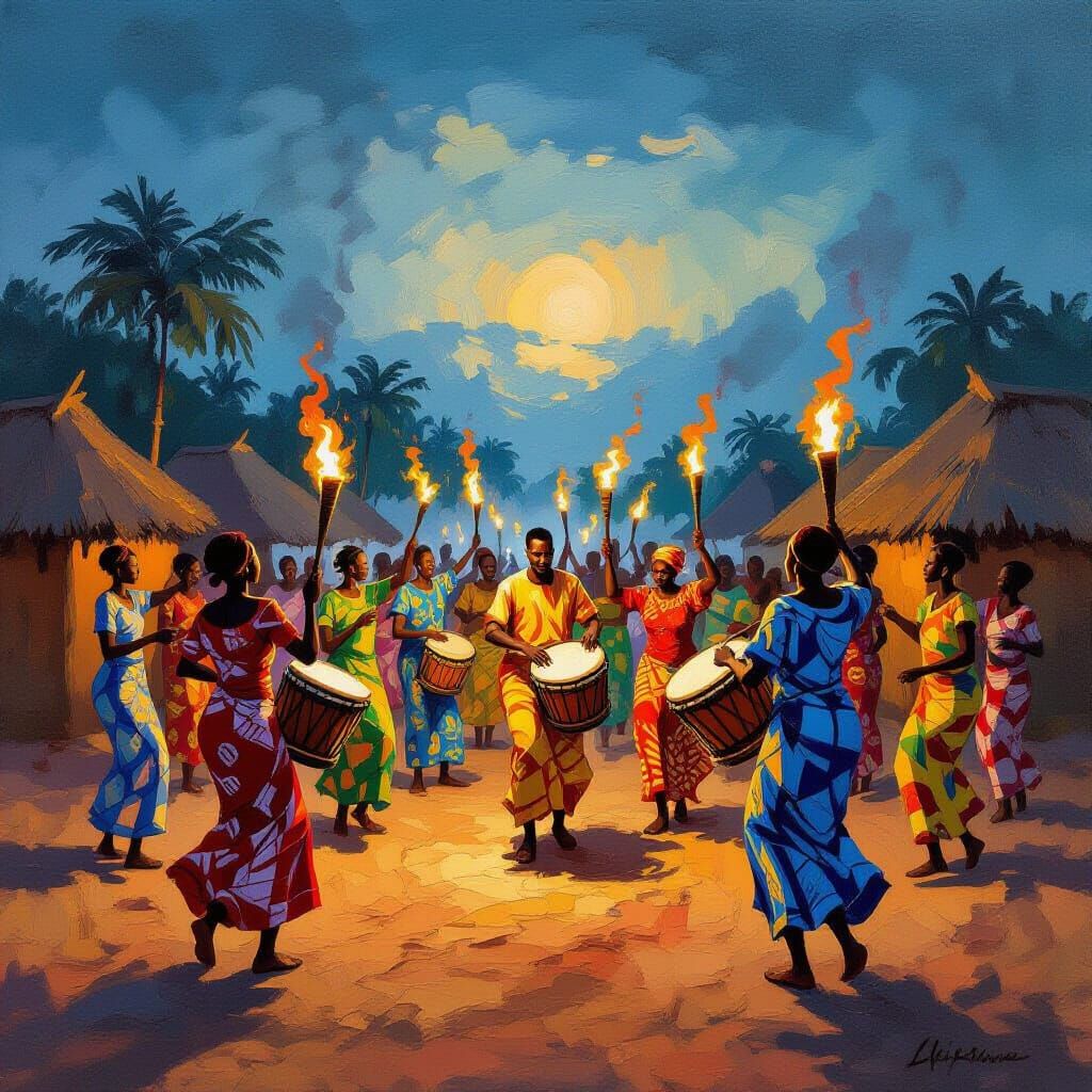 African Village Dance at Dusk in Expressive Style