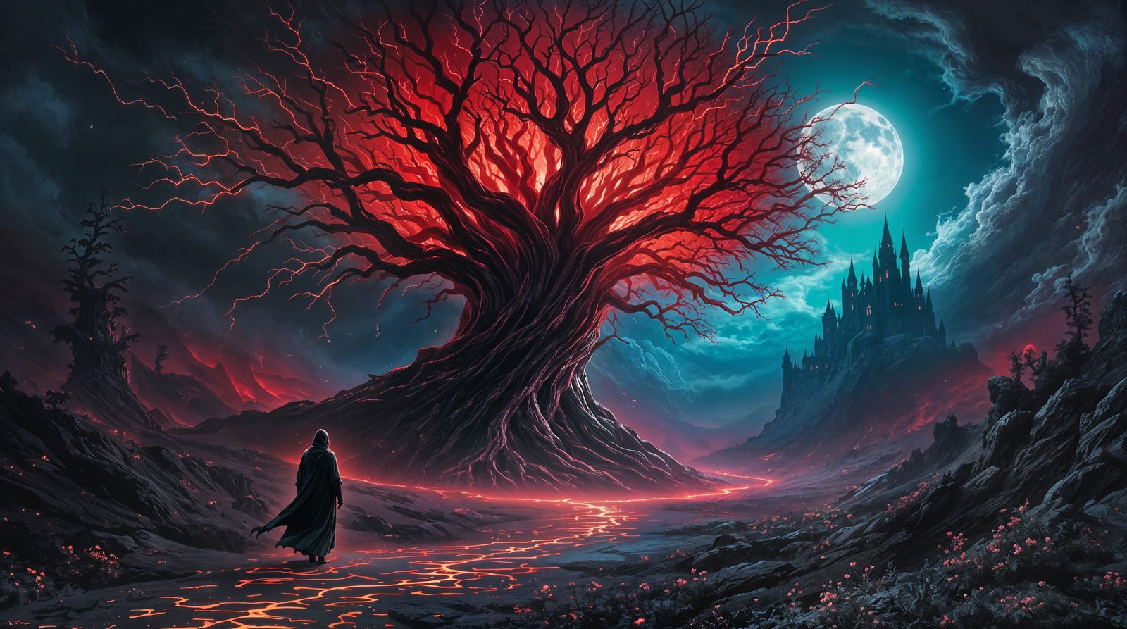 Gothic Pilgrim Approaches the Glowing Crimson Heart Tree