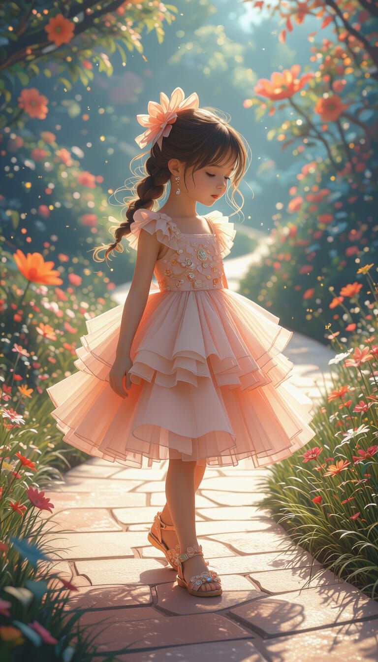Girl in Tulle Frock Walking Path: 3D Rendered