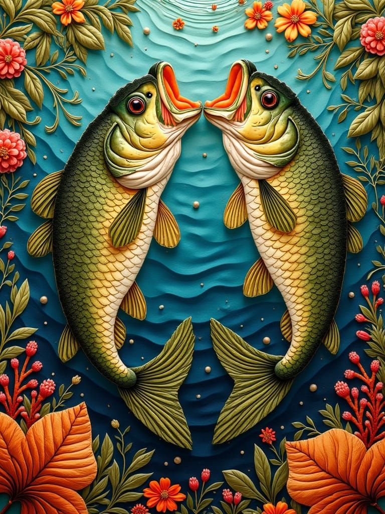 Vibrant Bass Fish Quilt in Iridescent Scales and Swirling Wa...
