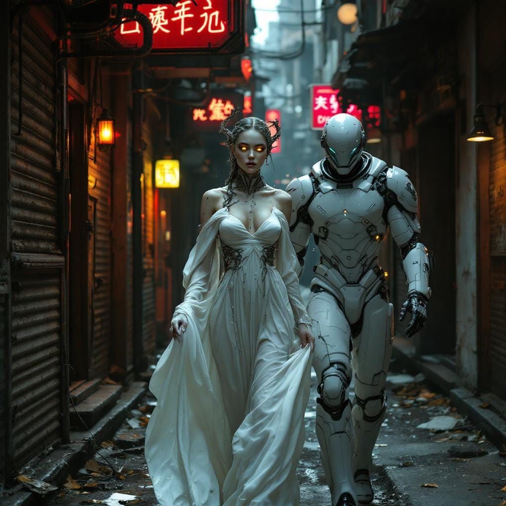 Graceful Woman in Post-Apocalyptic Cityscape Illustration