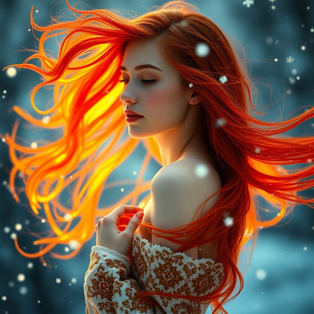 Ethereal Snow Goddess with Radiant Red Locks