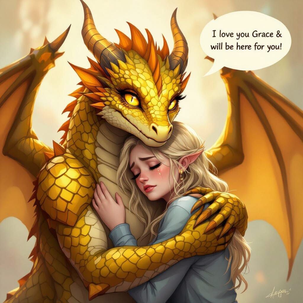 Emotional Dragon Comforts Woman: Digital Painting